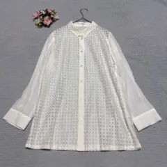 【ピエールカルダン】シアーチェックブラウス シャツ 透け感 コットン混 Lサイズのサムネイル