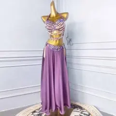 ベリーダンス衣装 2点セット パープル キラキラ 発表会 ハロウィン用 コスプレのサムネイル