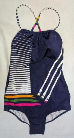 O*1様 ①レディースワンピース水着 ネイビーカラフルストライプ L サイズ 匿