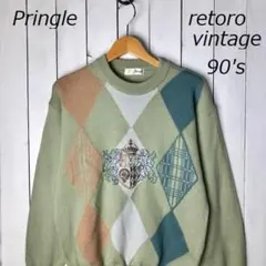 90s Pringle 刺繍・アーガイル柄 ウールニットセーター M ピスタチオ