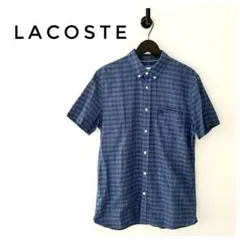 【セール】LACOSTEラコステ 半袖 麻混 BDチェックシャツ メンズMブルーのサムネイル