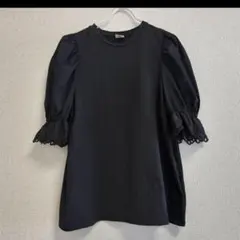 Dot＆Stripes レース ドッキング BIGパフスリーブ Tシャツ 黒 Fのサムネイル