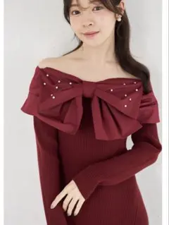 トッコtocco closet パールビジュー付きビックリボン　ニットワンピース