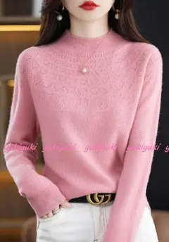 L極上柔らかカシミヤ100％★胸元編地暖かハイネックニット♪ピンクL