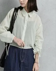 シアーストライプ　ショート丈　シャツ