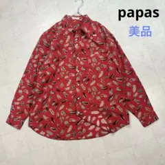 〈美品〉papas パパス【M】総柄 長袖シャツ 赤 レッドのサムネイル