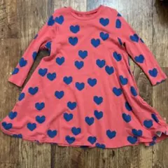 コーラルピンク ハート柄 七分袖ワンピース