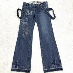 ディズニー　ミッキー　ミニー　デニム　サスペンダー　ブーツカット　ダメージ　M