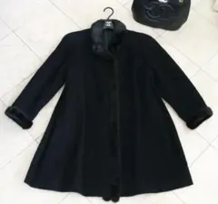 超美品♡ミンク毛皮トリミング黒セミロングコートアルパカウールリアルファーブラック