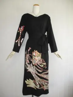 Ｌ～2Ｌサイズ黒留袖からの着物リメイクドレスです 　着丈１２０cm