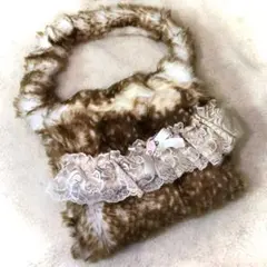 バンビ　鹿柄ファー ハンドバッグ　レース装飾