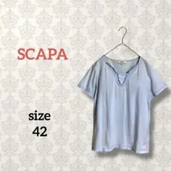 スキャパ【42】Vネックカットソー 半袖 ブルー系 花柄 コットン シンプル