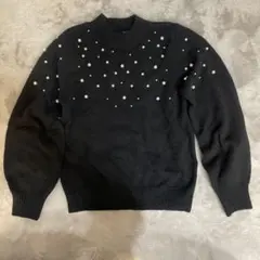 ブラック パール装飾 長袖ニットセーター　Mサイズ