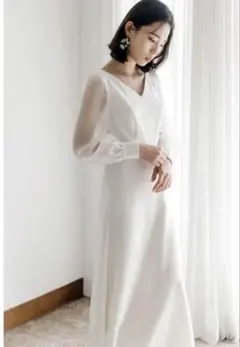 シンプル Vネック 長袖 ウェディングドレス