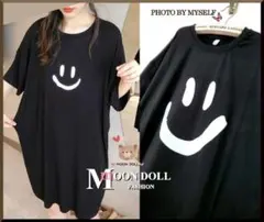 う*う様 【～3L4L相当】スマイルプリントTシャツワンピース*黒