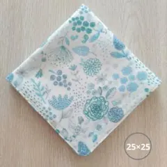 ハンドメイド ガーゼハンカチ大判(25×25)北欧風花鳥ブルー×薄ブルードット