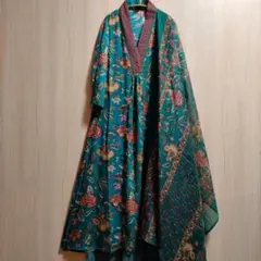 ★秋冬クルタ★インド民族衣装 総花柄のアナルカリクルタセット【53A-28】 インド クルタセット アナルカリ グリーン×ゴールド【243-87