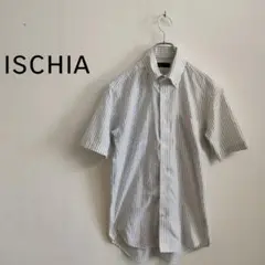 【イスキア】 半袖　シャツ 白　灰ストライプ　ビジネス