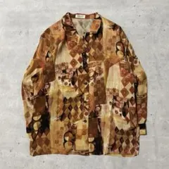 総柄シャツ アート柄 キュプラ100% LL レトロ モード 個性的 古着のサムネイル