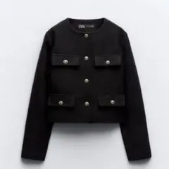 未使用　ZARA ノーカラージャケット ブラック アウター　金ボタン　ツイード