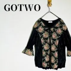 GOTWO　Ｖネック　花柄レースカーディガン　リボン　フレア袖　ブラック　M-Lのサムネイル