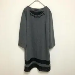 ラシフォネリ しまむら グレー ビーズ装飾カットソー膝丈ワンピース 七分袖 LL