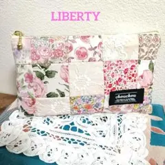 No.65　リバティ・パッチワーク　ポーチ　♥ハンドメイド　ピンク　刺繍レース