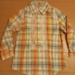 レース装飾付きチェック柄長袖シャツ Lサイズ