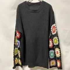 クロシェ編み袖 ニット セーター ブラック S ✨個性派 かぎ針編