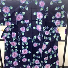 美品】ろうけつ染め お仕立て浴衣 濃紺 朝顔 花柄 身丈約155cm レトロ