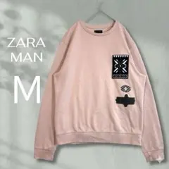 ザラ メンズ/刺繍ワッペン スウェット くすみピンク M-L トレーナーのサムネイル