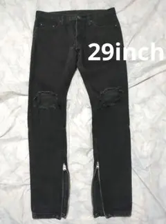 mnml ミニマル ダメージ クラッシュデニム 黒 29 スキニー 裾ジップ