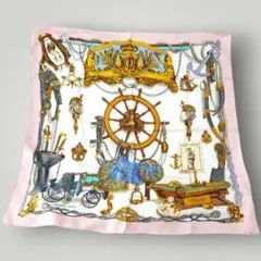 ​【エルメス】カレ90 シルク スカーフ ピンク 花の中で時を刻む HERMES