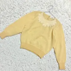reine ニット　セーター　フラワー刺繍　ウール混　ヴィンテージ　イエロー