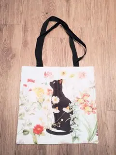花と猫柄トートバッグ 横顔 黒猫 猫柄 猫雑貨 猫グッズ ねこ ネコ