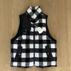 【未使用品】パープル&イエロー チェック 中綿 ダウンベスト ブラック×ホワイト