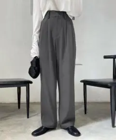 ミームセレクト ハイウエストタックスラックス 【S】 ワイド ダークグレー