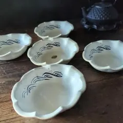 茶道具 茶懐石 京焼 清水焼 雲楽窯 白雲型 手描き青海波 双魚文 小鉢5客揃