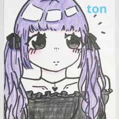 小6 ton 手描きイラスト「黒ハート×紫」はがきサイズ