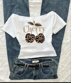 SHEIN★レオパード柄チェリープリント 半袖Tシャツ