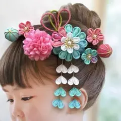 七五三髪飾り　青　ピンク　白　つまみ細工　３歳　７歳　No.456