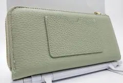 新品 イタリアンレザー L字ファスナー長財布 牛革 本革 ライトグリーン シボ