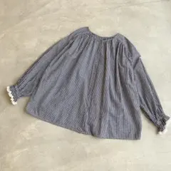 サマンサモスモス×ゆべし/チェック柄 長袖シャツ フリル袖 ネイビー