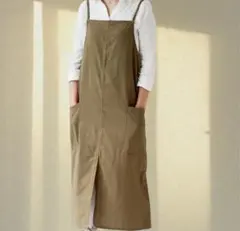 エプロン 大人 新品 おしゃれ カフェ風 北欧風 無地 カーキー　丈長め
