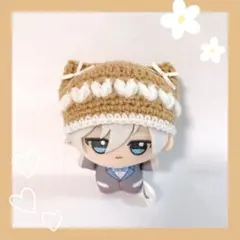 ちびぐるみ ぬい服 ぷっくりハート 猫耳ニット帽 薄茶×白 編み物