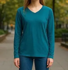 美品 エディーバウアー Tシャツ Mサイズ 緑 長袖 Vネック カジュアル 無地