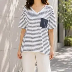 ノーリーズ【L】半袖Tシャツ ボーダー Vネック 日本製 胸ポケット 綿100%のサムネイル