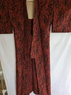 ウール着物 袷 赤×黒 ラメ入り