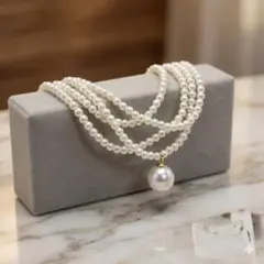 パールネックレス 4連 大粒チャーム ホワイトパール マルチストランドネックレス