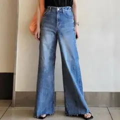 【美品】ヤヌーク ワイドフレアデニムパンツ インディゴ CVL 22